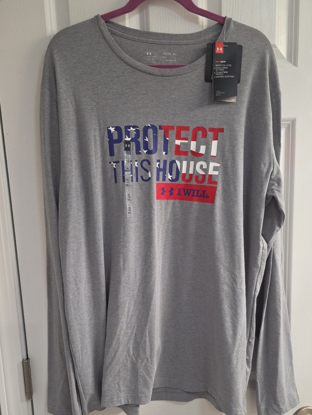 Under Armour Gray Long Sleeve Tee with Red and Blue Protect This House Graphic
